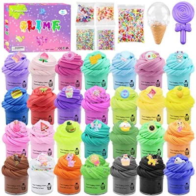 Bild av Tonsooze Fluffy slime kit för barn 28 st mini butter med charm, parfymerade cotills, anti stress kitt leksak, DIY slem redan gjord gåva