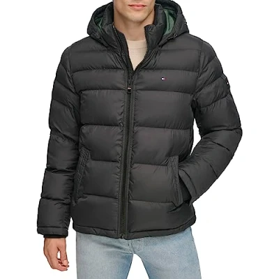 Bild av Hooded Puffer Jacket herr Down Alternative Outerwear Coat Jacket, Svart, XXL