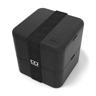 Bild av MONBENTO Bento box MB Square Onyx stor matlåda med fack 2 våningar lufttät idealisk för arbete/skola BPA fri hållbar och säker tillverkad i Frankrike Svart