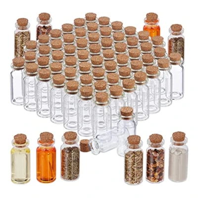 Bild av Relaxdays Mini glasflaskor med kork, set om 72, små för fyllning, 10 ml, dekorativa flaskor, transparent