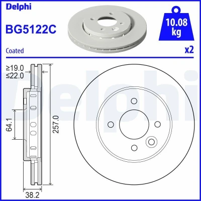 Bild av DELPHI BG5122C Disque de frein 257 22 4 ventilé revêtu non traité sans roulement roue, bague ABS