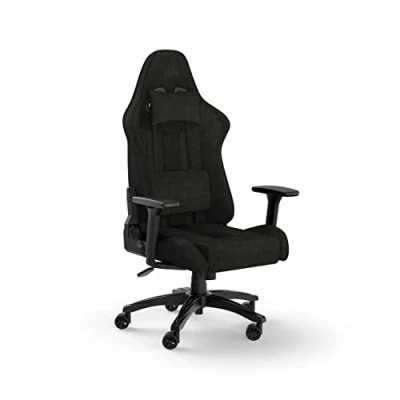 Bild av Corsair TC100 Relaxed Gamingstol tyg design inspirerad av racingsport ländryggskudde avtagbar nackkudde minnesskum justerbara armstöd svart