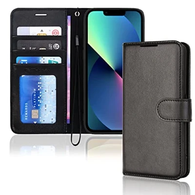 Bild av TECHGEAR iPhone 13 läderplånboksfodral, flip skyddsfodral med plånbok korthållare, stativ och handledsrem svart PU läder magnetisk stängning för 6,1 tum
