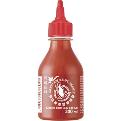 Bild av FLYING GOOSE Sriracha mycket skarp chilisås vass, rött lock, kryddsås från Thailand, 1 pack (1 x 200 ml)