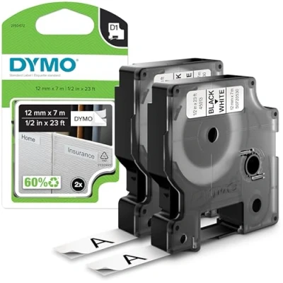 Bild av DYMO D1 originaletiketter Svart utskrift på vitt 12 mm x 7 m Självhäftande etiketter för LabelManager etikettskrivare 2 st.