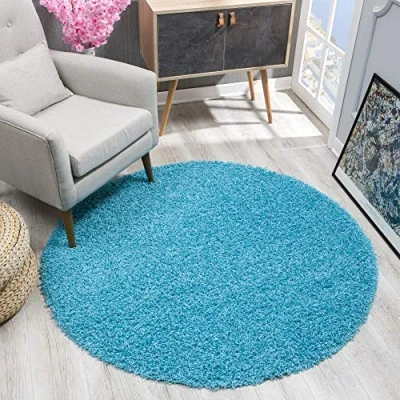 Bild av SANAT matta rund aqua hög lugg, lång moderna mattor för vardagsrum, sovrum, matsal eller barnrum, storlek: 80 x cm