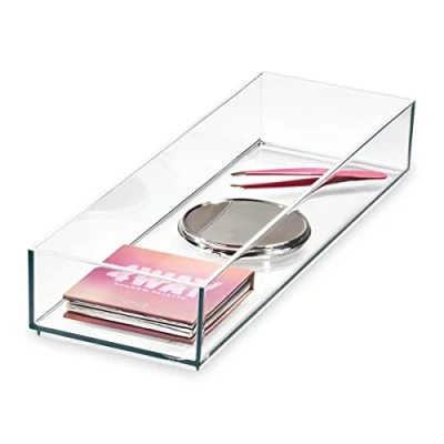 Bild av iDesign Låda Signature Series av Sarah Tanno, lång plast PET organiserare, sminkförvaringsbricka, klar/matt vit, 10,2 x 30,5 5 cm