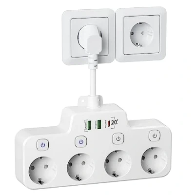 Bild av grenuttag enskild omkopplingsbar, 4 vägs flera uttag med strömbrytare, USB C (PD 20W) och 2USB A, överspänningsskydd väggmontering för kök kontor, vit