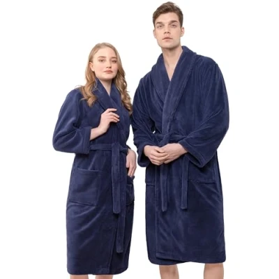 Bild av Hammetex Badrock unisex för kvinnor och män, ultramjuk kvalitet, fluffig, mysig plysch, lång, lätt morgonrock par med fickor, Marinblå, S M
