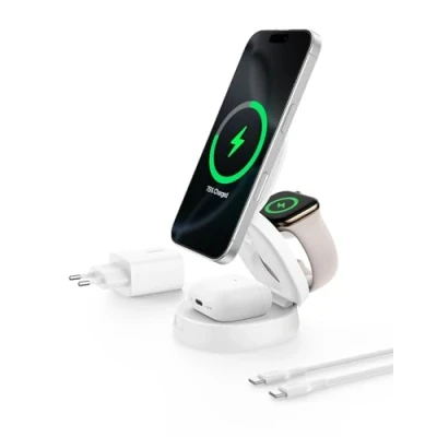 Bild av Belkin MagSafe kompatibel laddare, konverterbar 3 i 1 trådlös laddningsstation, Qi2 certifierad 15 W laddare för iPhone 16, Apple Watch, AirPods, med halkfri sockel, 36 medföljer Vit