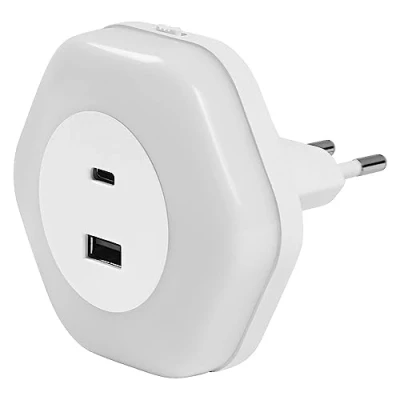 Bild av Ledvance LUNETTA HEXAGON uttagsnattlampa, vit, 5 W, lm, varmt vitt ljus, USB A och C anslutning, LED teknik, laddningsfunktion, lång livslängd, skyddsklass IP20, 3 000 K