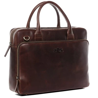 Bild av SID &amp; VAIN stor laptopväska äkta läder 15,4 tums laptop business väska Ryan XL axelväska portfölj med laptopfack läderväska män och kvinnor handgjord, Brun konjak, XL,