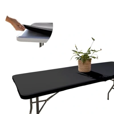 Bild av Glop Rektangulär bordsduk 180 x 75, elastiskt svart tyg, justerbart, vattenavvisande, skrynkelfritt, perfekt för utomhusbruk, trädgård, camping och elastisk passform hopfällbart bordsöverdrag