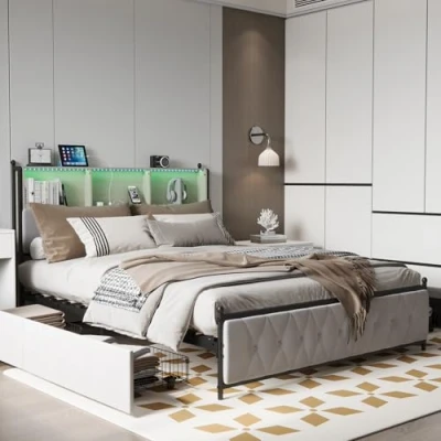 Bild av Vadderad dubbelsäng, 140 x 200 cm, med 4 lådor, bagagesäng USB laddning och LED belysning, sängram, sänggavel vuxenförvaring, sammet, beige (140 cm)