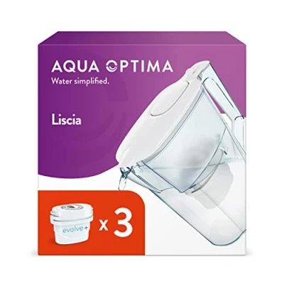 Bild av Aqua Optima Liscia Vattenfilterkanna &amp; 3 x 30 Day Evolve+ filterpatroner, 2,5 liters kapacitet, för reducering av mikroplast, klor, kalkavlagringar och föroreningar, vit (förpackningen kan variera)
