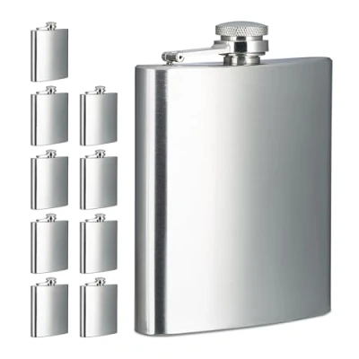 Bild av Relaxdays Fickplunta set om 10, 200 ml, rostfritt stål snapsbehållare för resor, fickflaska skruvlock, silver