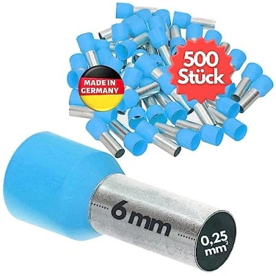 Bild av 500 stycken Kalitec AE02506HBL trådhylsor isolerade 0,25 mm² 6 mm lång ljusblå I Made in Germany Industrikvalitet