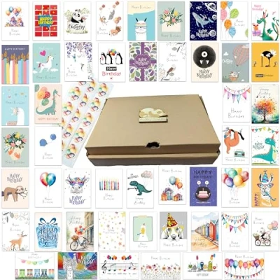 Bild av 50 populära födelsedagskort med klistermärken och kuvert gjorda av återvunnet papper multipack set (50 populär mix)