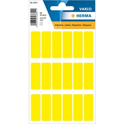 Bild av HERMA 3651 multifunktionsetiketter små (12 x 34 mm, 5 ark, papper, matt) självhäftande, permanenta hushållsetiketter för handskriven märkning, 90 klistermärken, gul