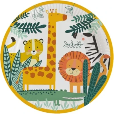Bild av Amscan 9909345 66 tallrik Get Wild, 8 stycken, diameter 23 cm, papper, safari, papperstallrik, festtallrikar, engångsporslin, barns födelsedag