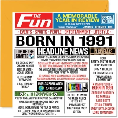 Bild av 33:e födelsedagskort för män kvinnor född 1991 tidning Happy 33 bror syster vänner vintage retro tillbaka 1991, 145 mm x trettiotre trettiotredje födelsedag