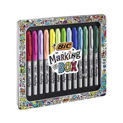 Bild av BIC Marking Box Permanentmarkörer, medium spets, presentförpackning, metall, 15 stycken