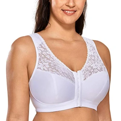 Bild av DELIMIRA Kvinnors Främre Stängda Bh:ar Racerback Plus Size Full Täckning Trådlös Bh Spets Vit 95D