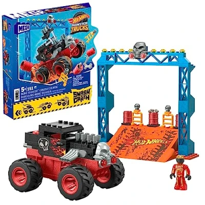 Bild av Mega Hot Wheels, Monster Trucks, Byggleksak, Smash &amp; Crash Bone Shaker Crush Course med 151 stycken, 1 figur och ramp, röd, barn ålder 5+ år, HKF87
