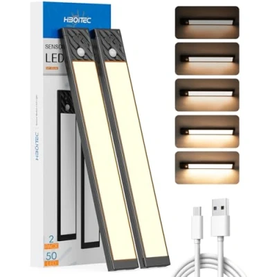 Bild av HIBOITEC Rörelsesensor garderob 50 LED nattbelysning under skåp, 2 500 mAh uppladdningsbar ultratunn magnetisk garderobsbelysning, 350 lm trådlösa lampor för kök, trappor, sovrum (svart,