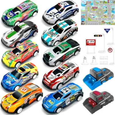 Bild av TOYABI 21 Matchbox, bilset, 10 st små billeksaker i metall, leksaksbilar med tändsticksstart/stadsmatta/förvaringsväska för 3 4 5 år gamla pojkar och flickor
