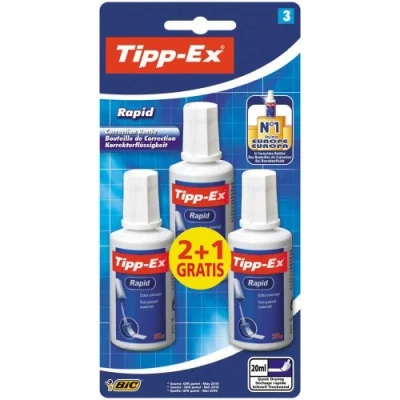 Bild av Tipp Ex Rapid, Korrigeringsvätskeflaska, Korrigeringsvätska av hög kvalitet, Utmärkt täckning, 20 ml, Paket med 3, vit