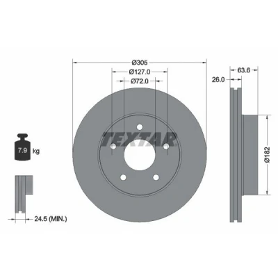Bild av TEXTAR 92113600 Disque de frein 305 26 05/05 127 ventilé l&#039;intérieur sans roulement roue, boulon fix moyeu roue