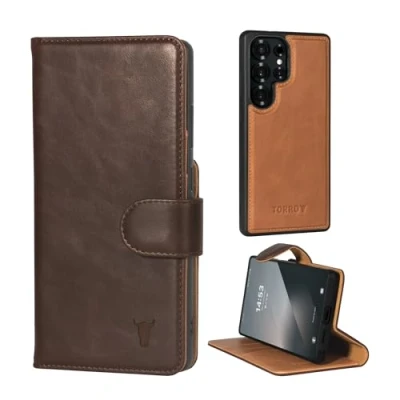 Bild av TORRO Premium Läderfodral Kompatibel med Samsung Galaxy S25 Ultra 5G (6,9) 2025 Bumperfodral i äkta läder magnetiskt löstagbart Wallet Flip Folio fodral (mörkbrun)