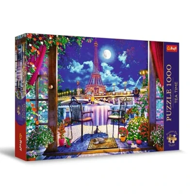Bild av Trefl Premium Plus Quality Puzzle Tea Time: Paris i månsken 1000 bitar, Serie med nostalgiska målade bilder, Perfekt passande för vuxna och barn från 12 år