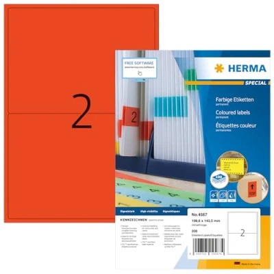 Bild av HERMA 4567 färgade etiketter A4 (199,6 x 143,5 mm, 100 ark, papper, matt) självhäftande, utskrivbara, permanenta färgetiketter, 200 klistermärken, röd