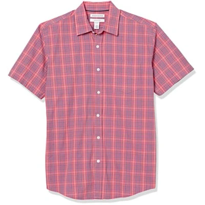 Bild av Amazon Essentials mäns normal passform kortärmad poplin skjorta, tvättad röd rutig, X Large