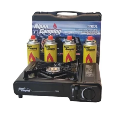 Bild av Alpen Camping Bärbar gasspis med 2 funktioner + 4 x gaspatroner fodral