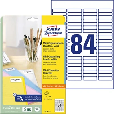 Bild av AVERY Specialform L7656 25 miniorganisationsetiketter (2 100 stycken, 46 x 11,1 mm, ark) vit