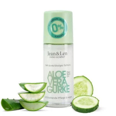 Bild av Jean &amp; Len Deodorant Roll On aloe Vera gurka, långvarig friskhet, perfekt även efter rakning, praktisk resestorlek, E vitamin, gurkextrakt vera, utan aluminiumsalter och alkohol, vegansk, 50 ml