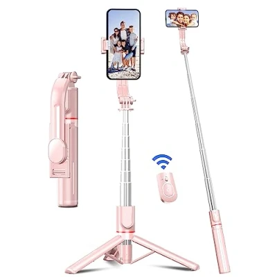 Bild av Selfie Stick med förbättrat stativ [2023 helt ny design] Aluminium Rod mobiltelefon avtagbar fjärrkontroll 360 roterbar för iPhone Samsung, Action Camera GoPro. (Rosa)