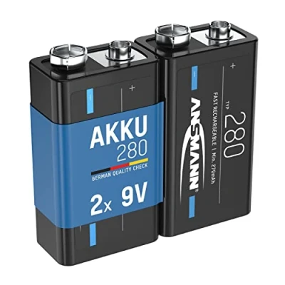 Bild av ANSMANN Batteri E block 9 V 280 mAh NI MH, 2 stycken, låg självurladdning, laddningsbar, perfekt för fjärrkontroll, mätutrustning, multimeter, mikrofon