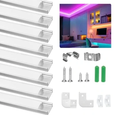 Bild av Ykall LED aluminiumprofil, profil 8 x 1 m, kanaler U form för remsor, list och diffusor perfekt ljus, med hörnkontakter, ändlock, skruvar monteringsklämmor