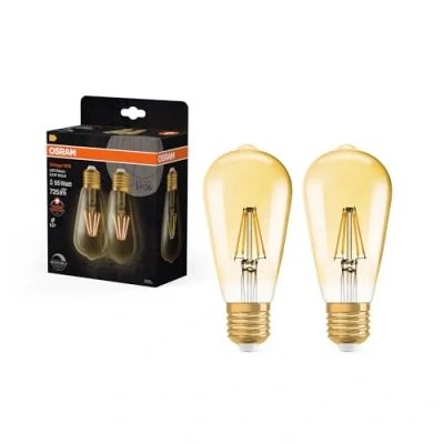 Bild av OSRAM 1906 Vintage Edition, E27 bas, gyllene glas ,Varmt vitt (2400K), 725 Lumen, ersätter 55W belysningsmaterial dimbar, 2 Pack