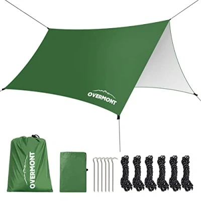 Bild av Overmont Camping tältpresenning 3 m x presenning multifunktionell bärbar markis med 6 pinnar och rep solskydd för hängmatta utomhus resor picknick grön