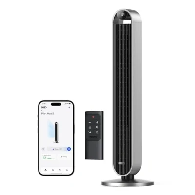 Bild av Dreo 25dB tornfläkt med fjärrkontrolll, 106 cm tower fan, 7,9 m/s Hastighet, 12 hastigheter och 112 timmars timer, 36 W fläkt 120 oscillerande tornfläkt, tyst svalt stående fläkt, svart