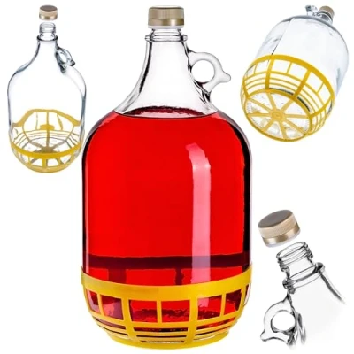 Bild av KADAX Vinballong 5 l, glasballong för vin, smal öppning, jäsballong, gallon, trädgårdsbehållare, flaska, glasflaska, glaslåsballong, jäskorg, ballong med korg av plast (skruvlås)