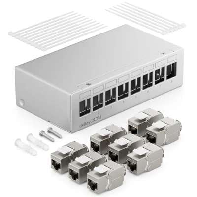 Bild av deleyCON 8 Port Patch Panel Set Field Distribution 1U + 8x RJ45 Keystone Jack Module STP CAT6a Kompatibel med Läggningskabel CAT5 CAT6 CAT7 Nätverkskabel Ethernet LAN DSL Grå