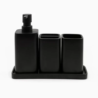 Bild av ZCCZ Matt svart badrumstillbehörsset, 4 delar badrumstillbehör komplett set sminkbord tillbehörsset, inkluderar lotiondispenser tvålpump, tumblare, tandborsthållare och bricka