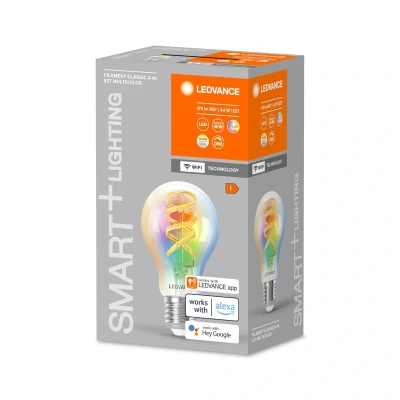 Bild av LEDVANCE SMART+ WIFI LED lampa, vitt glas, 4,8W, 470lm, klassisk glödlampsform med E27 sockel, justerbart färgljus &amp; ljus, dimbar, app eller röststyrning, lång livslängd