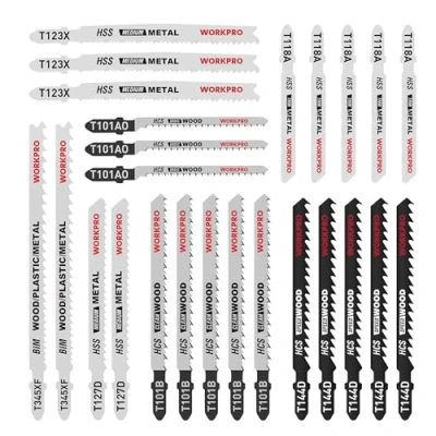 Bild av WORKPRO 25 delad T Shank sticksågblad set med förvaringsfodral, tillverkad HCS/HSS/BIM, blandade blad för trä , plast och metallskärning, kompatibel alla pussel